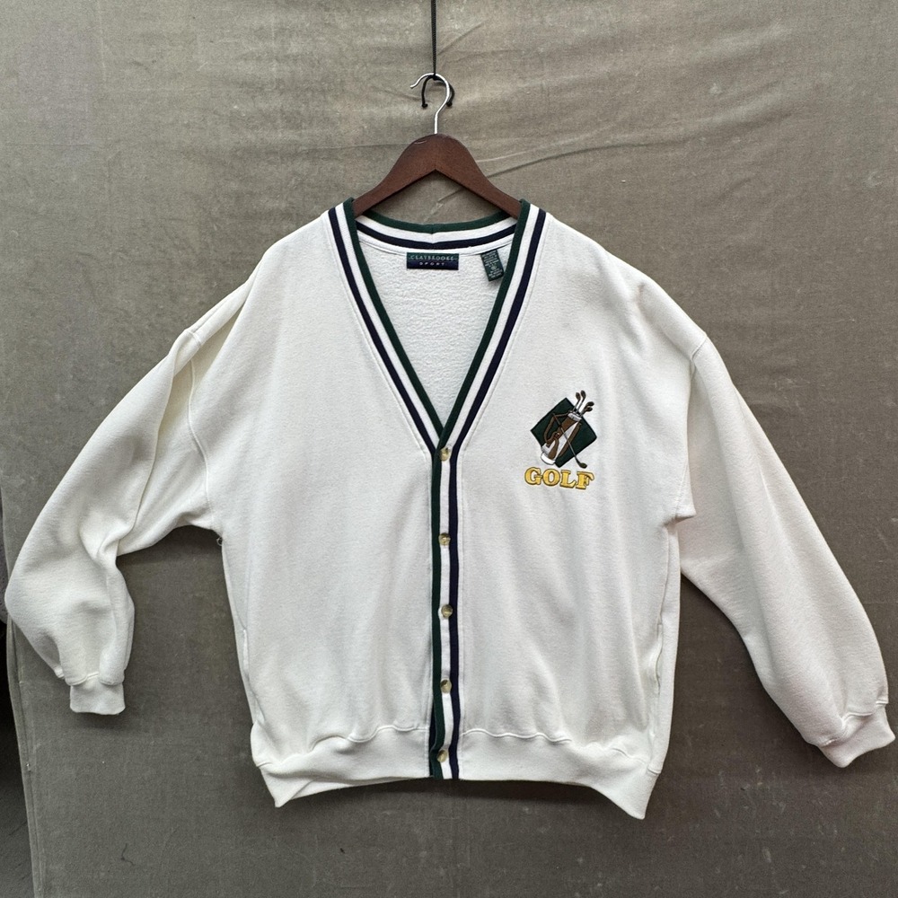 Claybrooke Sport Cardigan Sweater Mens 2XL White V Neck Golf Embroidered Knit